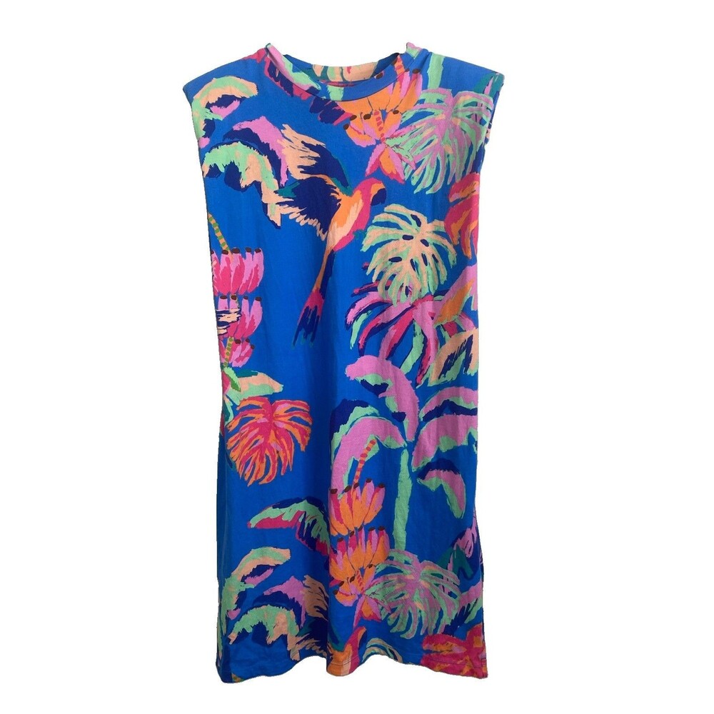 Farm Rio Made of Brasil Orange Parrot Graphic Padded Shoulder T-Shirt Dress S - Picture 2 of 15